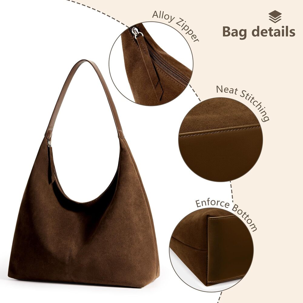 9625 Suede Cresent Tote, Slouchy Hobo Bag Vegan Leather Medium Zipper - Picture 6 of 7